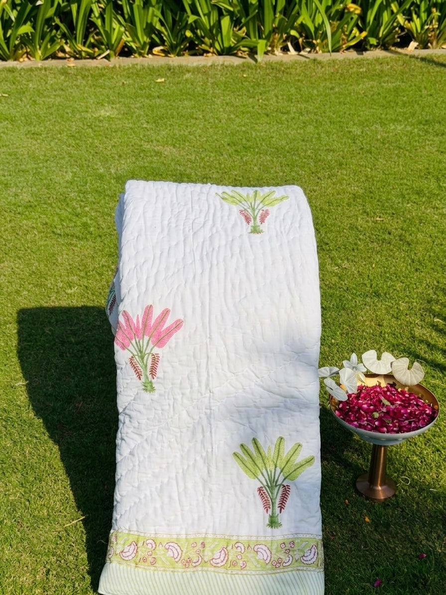 Reversible Hand Block Print Double bed Quilt - PALM