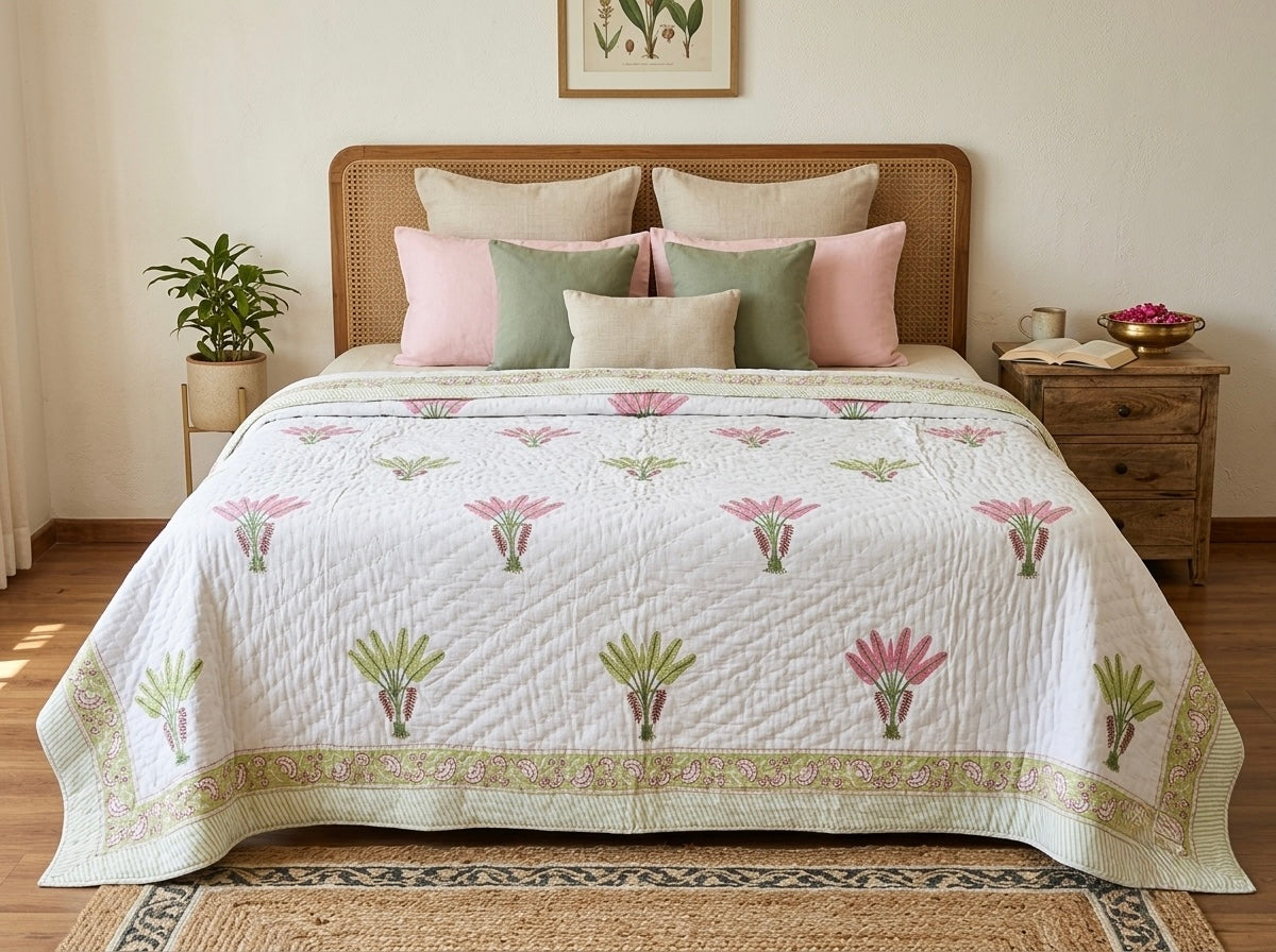 Reversible Hand Block Print Double bed Quilt - PALM