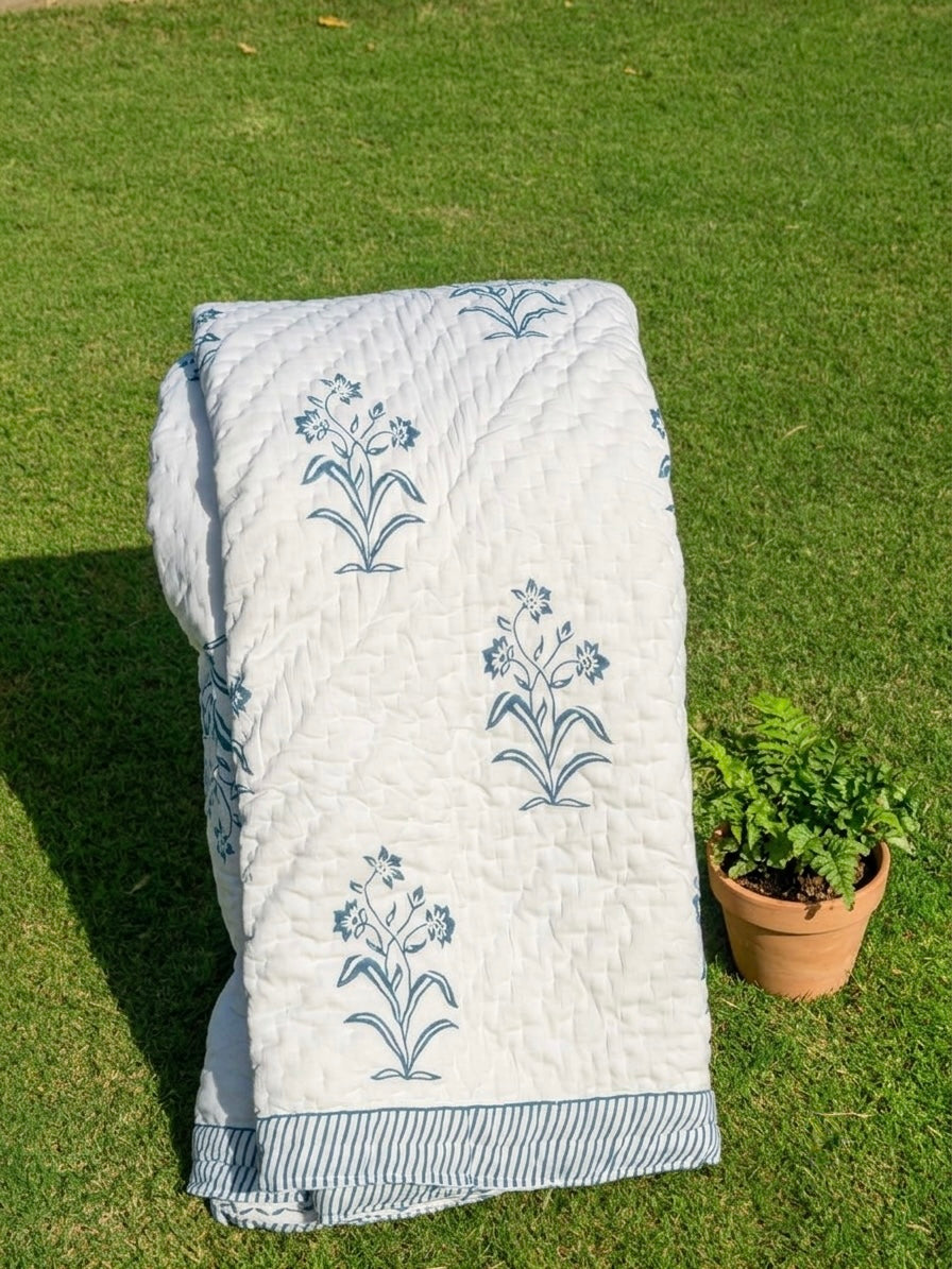 Reversible Hand Block Print Double bed Quilt - INDIGO