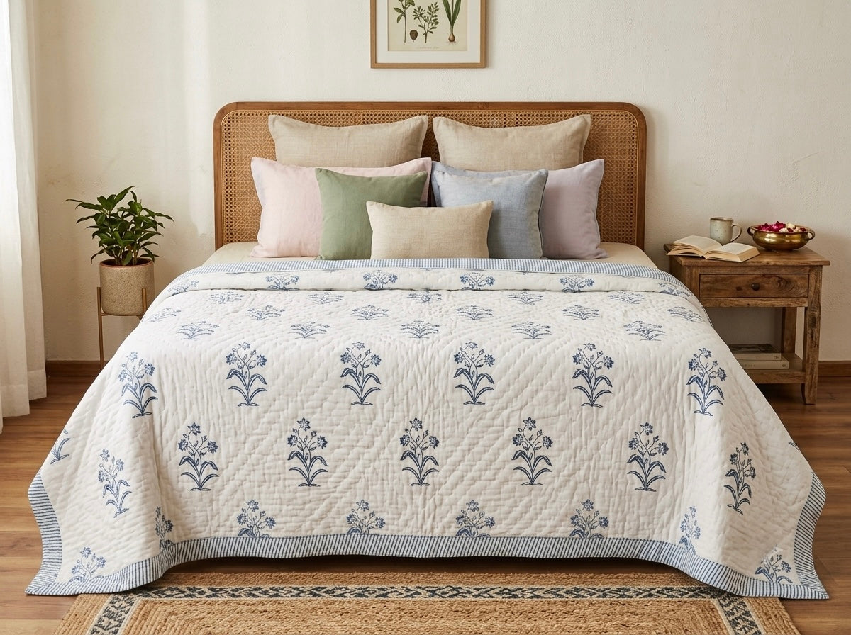 Reversible Hand Block Print Double bed Quilt - INDIGO