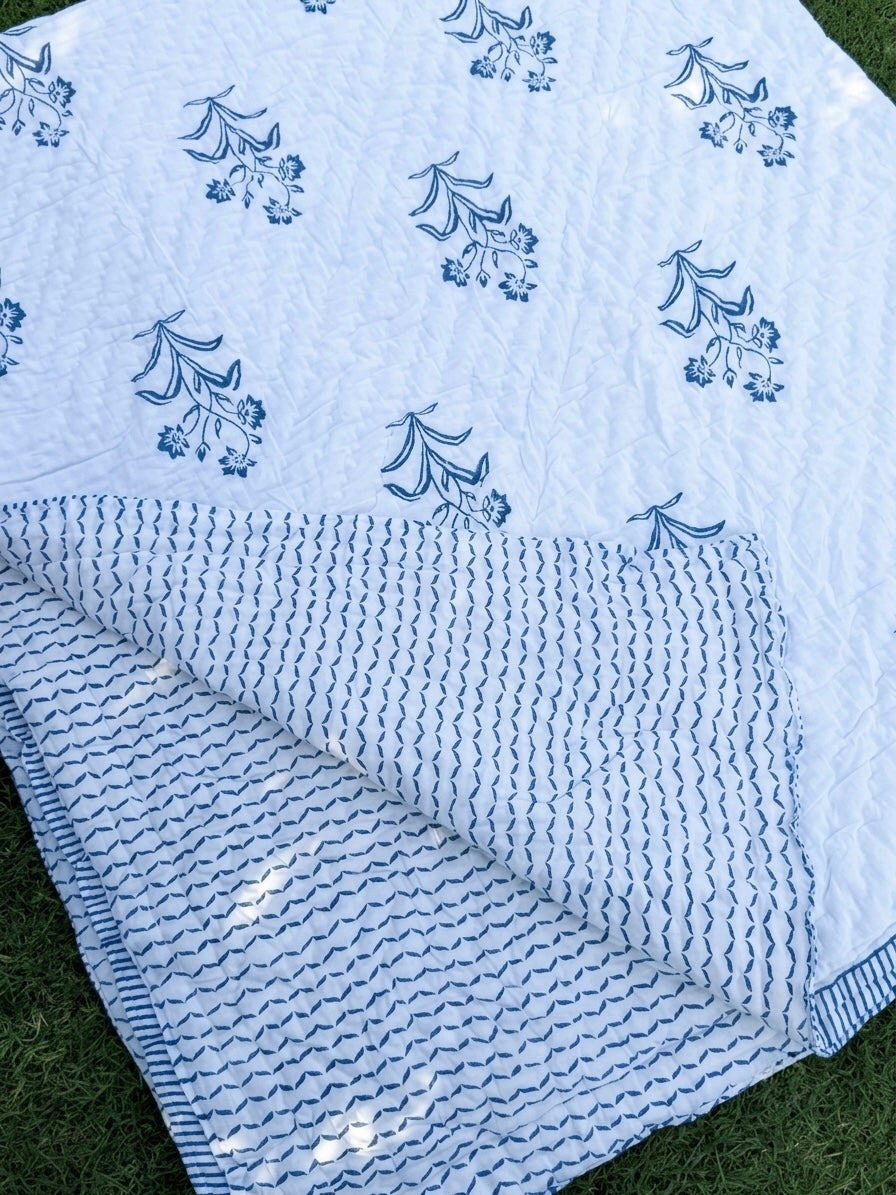 Reversible Hand Block Print Double bed Quilt - INDIGO