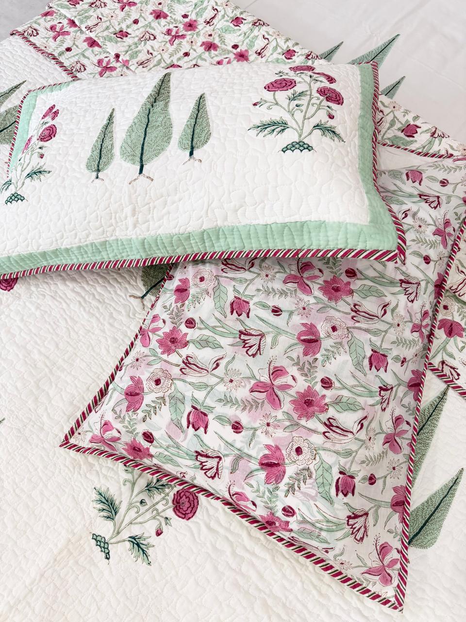 Blue Dahila - Premium Cotton Handblock Print Quilted Bedcover