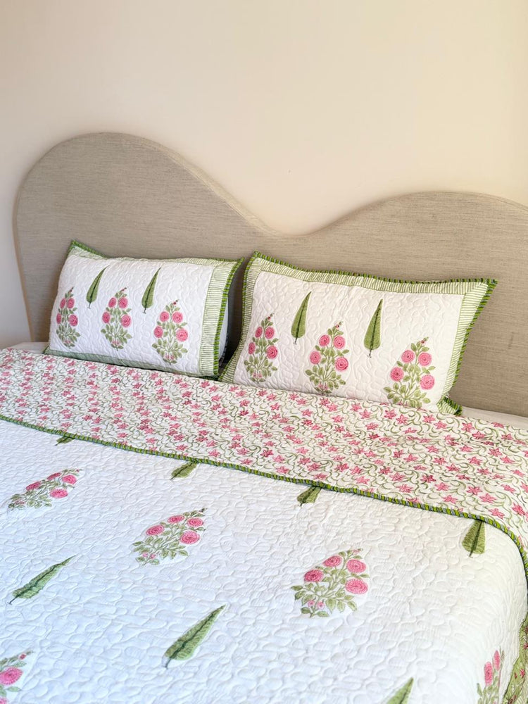 Ethnic florals - Premium Cotton Handblock Print Quilted Bedcover
