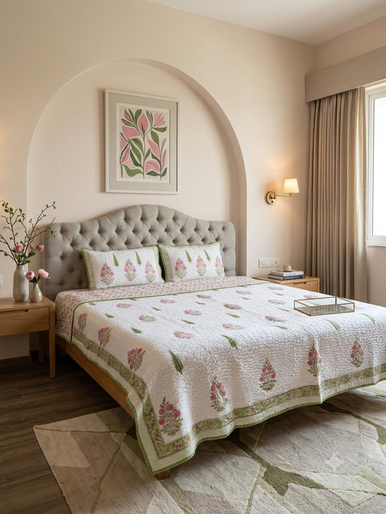 Ethnic florals - Premium Cotton Handblock Print Quilted Bedcover