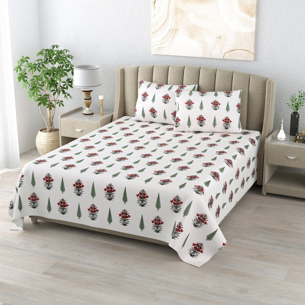 Cotton Handblock Print Bedsheet Set- Booti Red