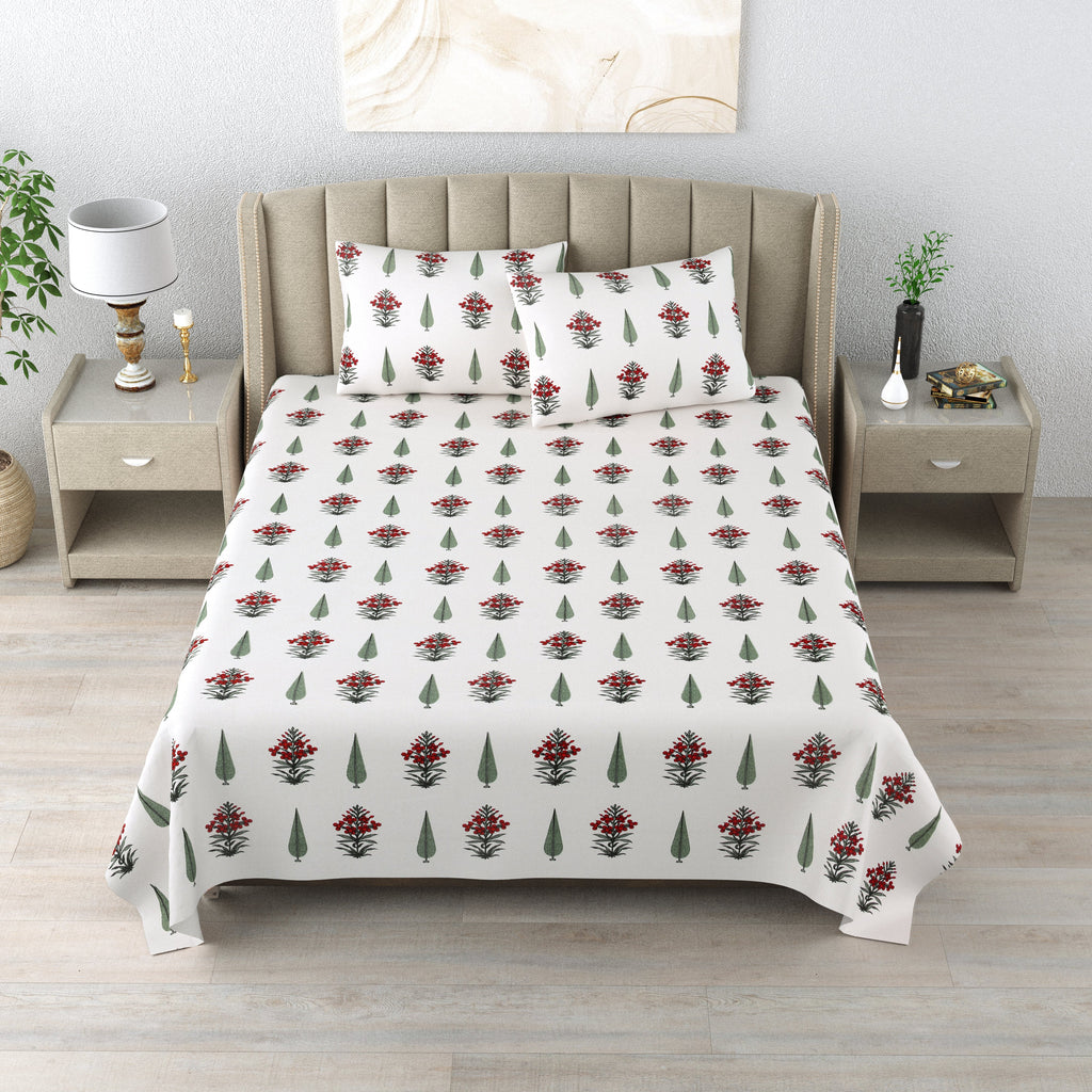 Cotton Super king Handblock Print Bedsheet with 2 pillow covers - Booti Red