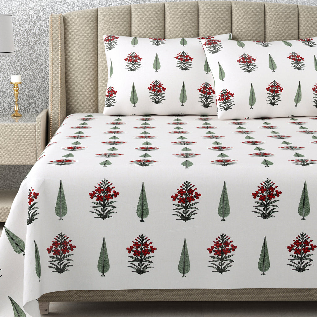 Cotton Handblock Print Bedsheet Set- Booti Red