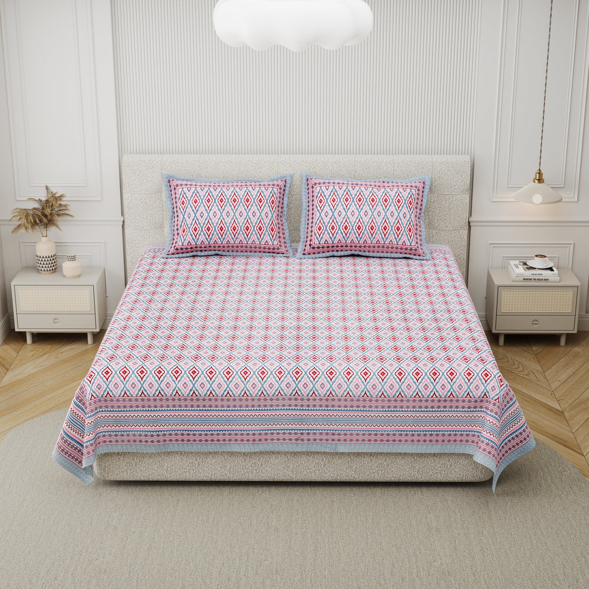 Cotton Print Bedsheet with 2 pillow covers - Ikat Lavender