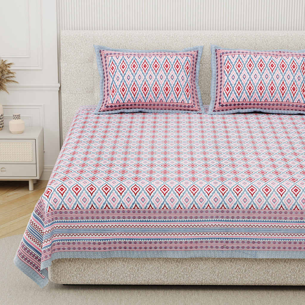 Cotton Print Bedsheet with 2 pillow covers - Ikat Lavender