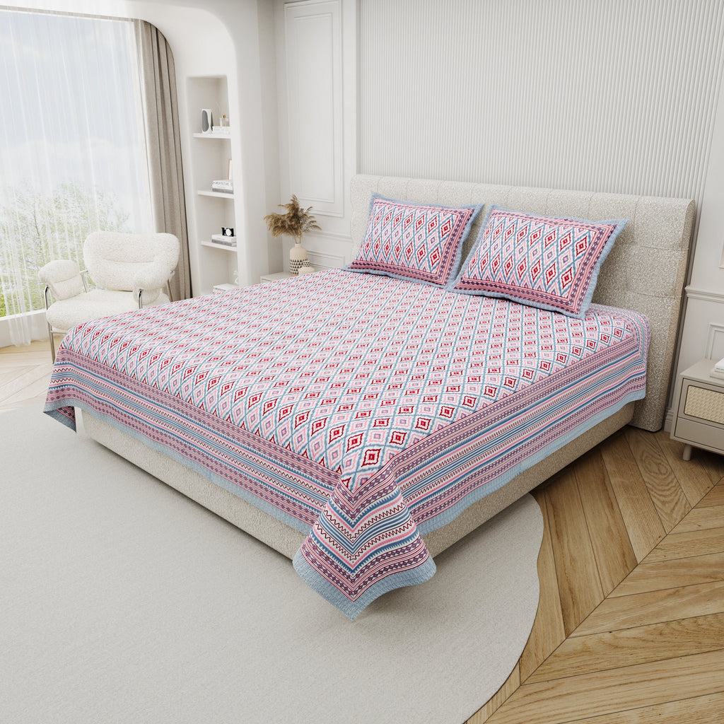 Cotton Print Bedsheet with 2 pillow covers - Ikat Lavender