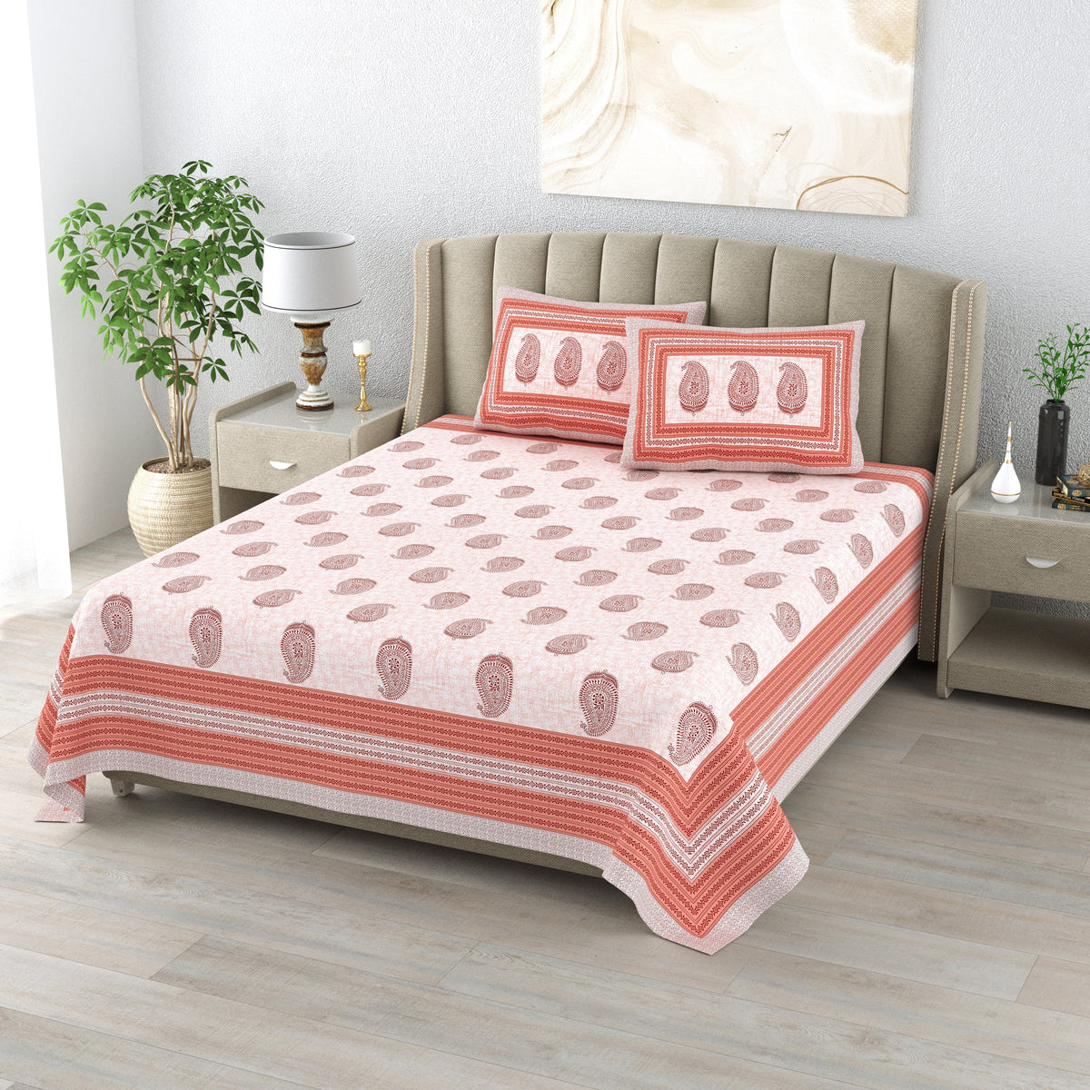 Cotton Print Bedsheet with 2 pillow covers - Rustic Paisley