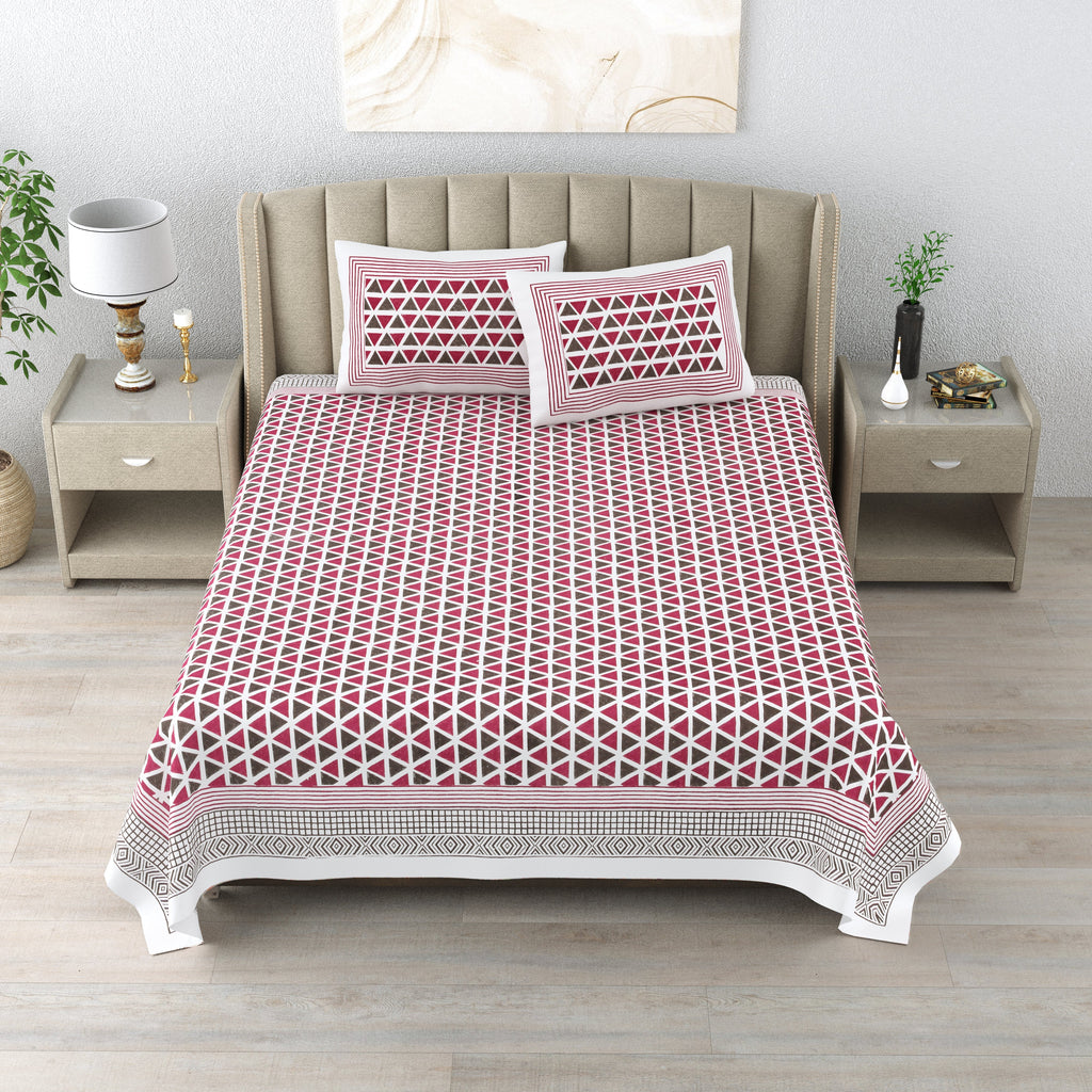 Cotton  Super king Bedsheet with 2 pillow covers - Imperial Pyramid Maroon