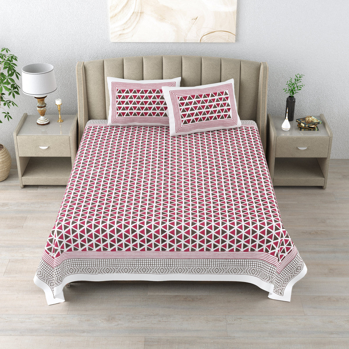 Cotton  Super king Bedsheet with 2 pillow covers - Imperial Pyramid Maroon