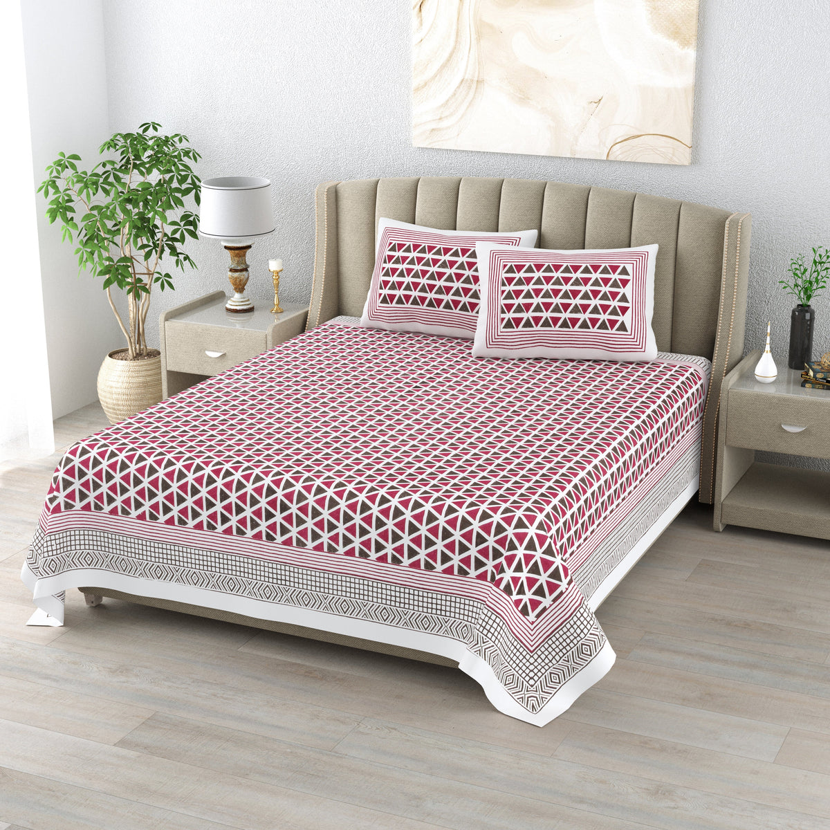 Cotton  Super king Bedsheet with 2 pillow covers - Imperial Pyramid Maroon