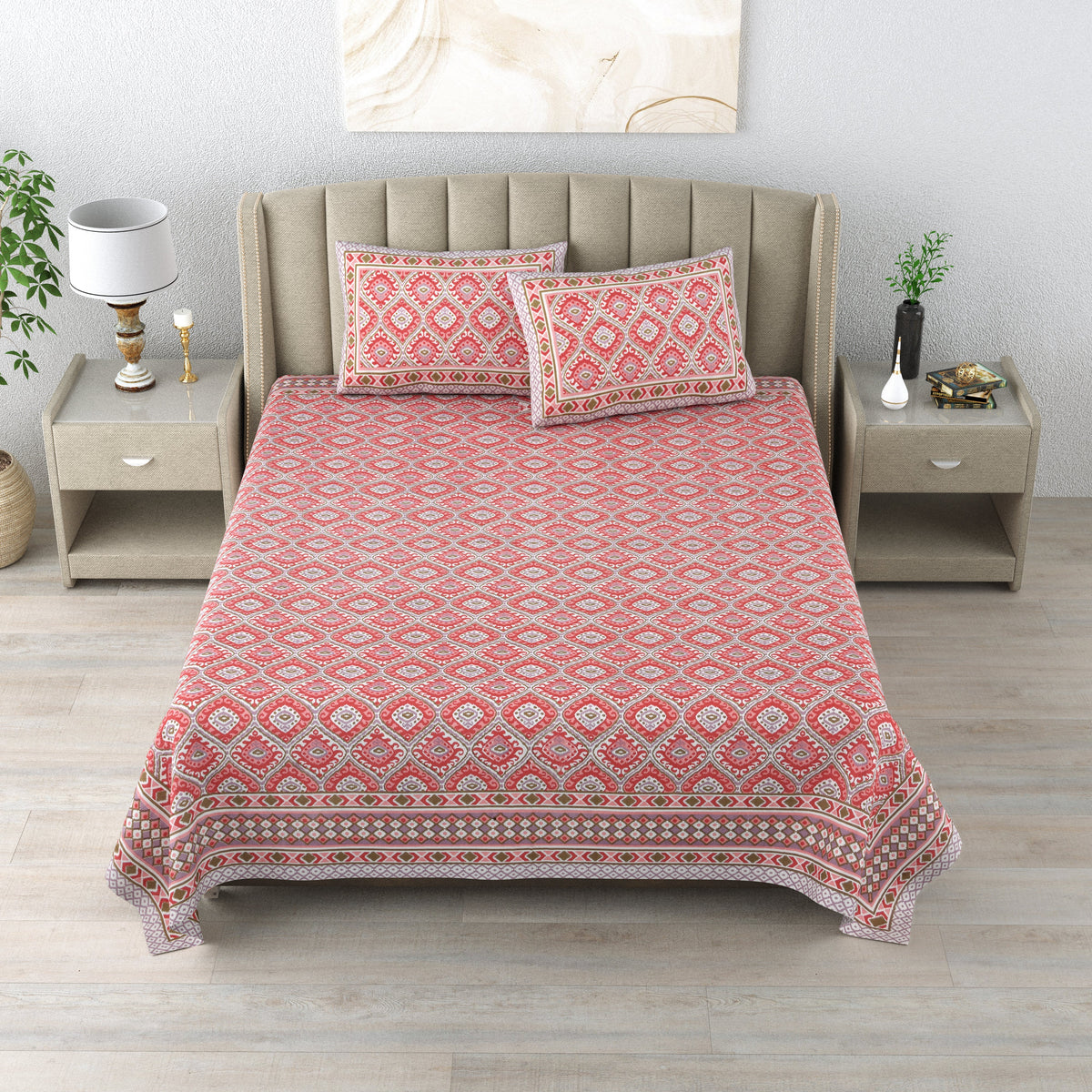 Cotton Bedsheet with 2 pillow covers - Ikat Red