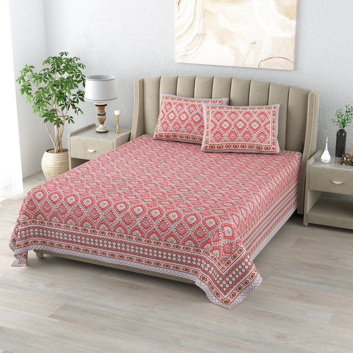 Cotton Bedsheet with 2 pillow covers - Ikat Red