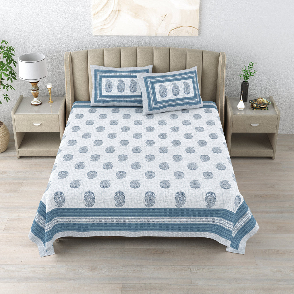Cotton Print Bedsheet with 2 pillow covers - Blue Paisley