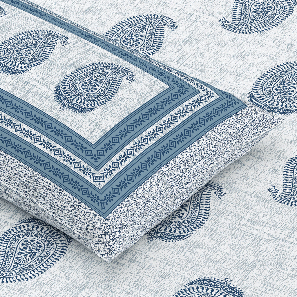 Cotton Print Bedsheet with 2 pillow covers - Blue Paisley