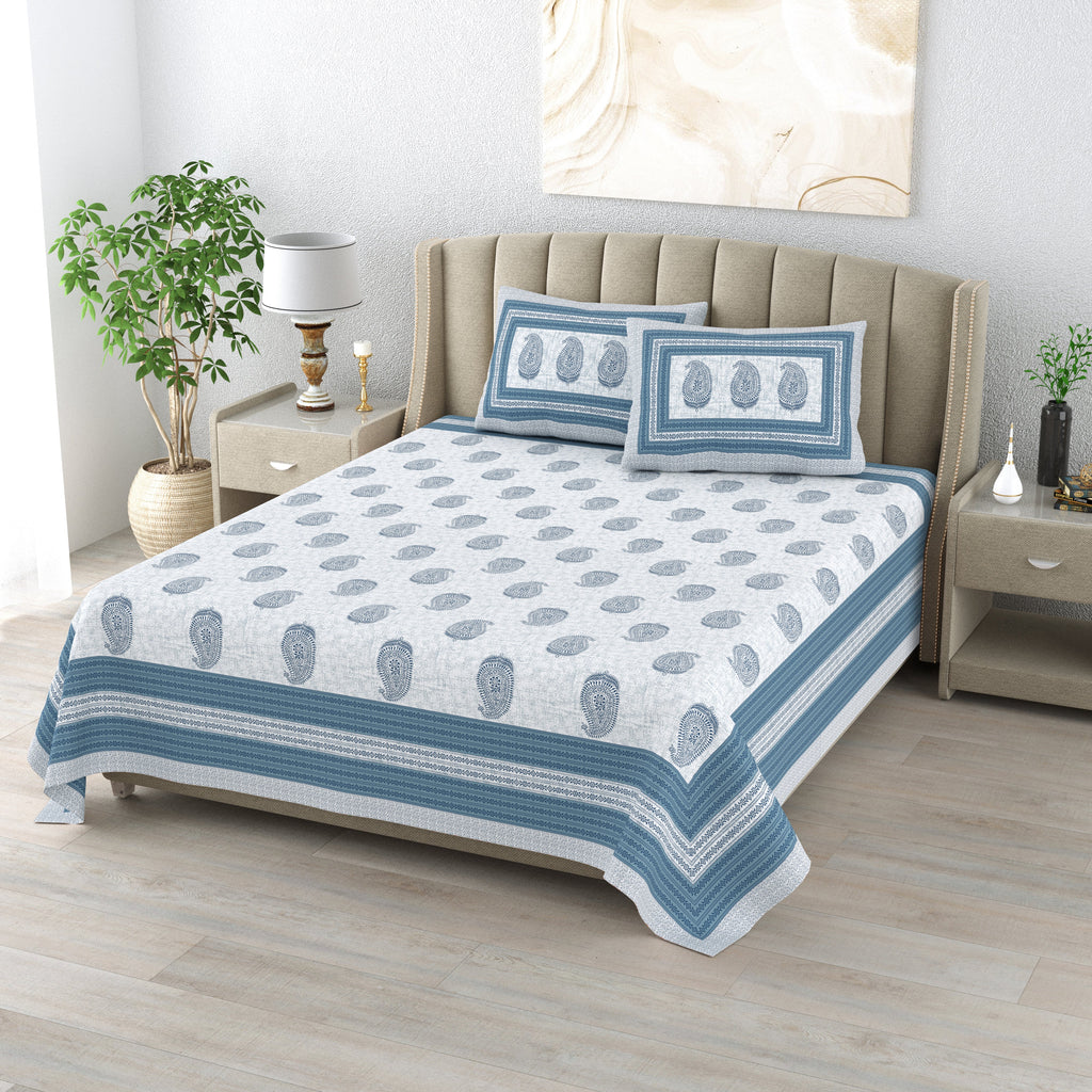 Cotton Print Bedsheet with 2 pillow covers - Blue Paisley