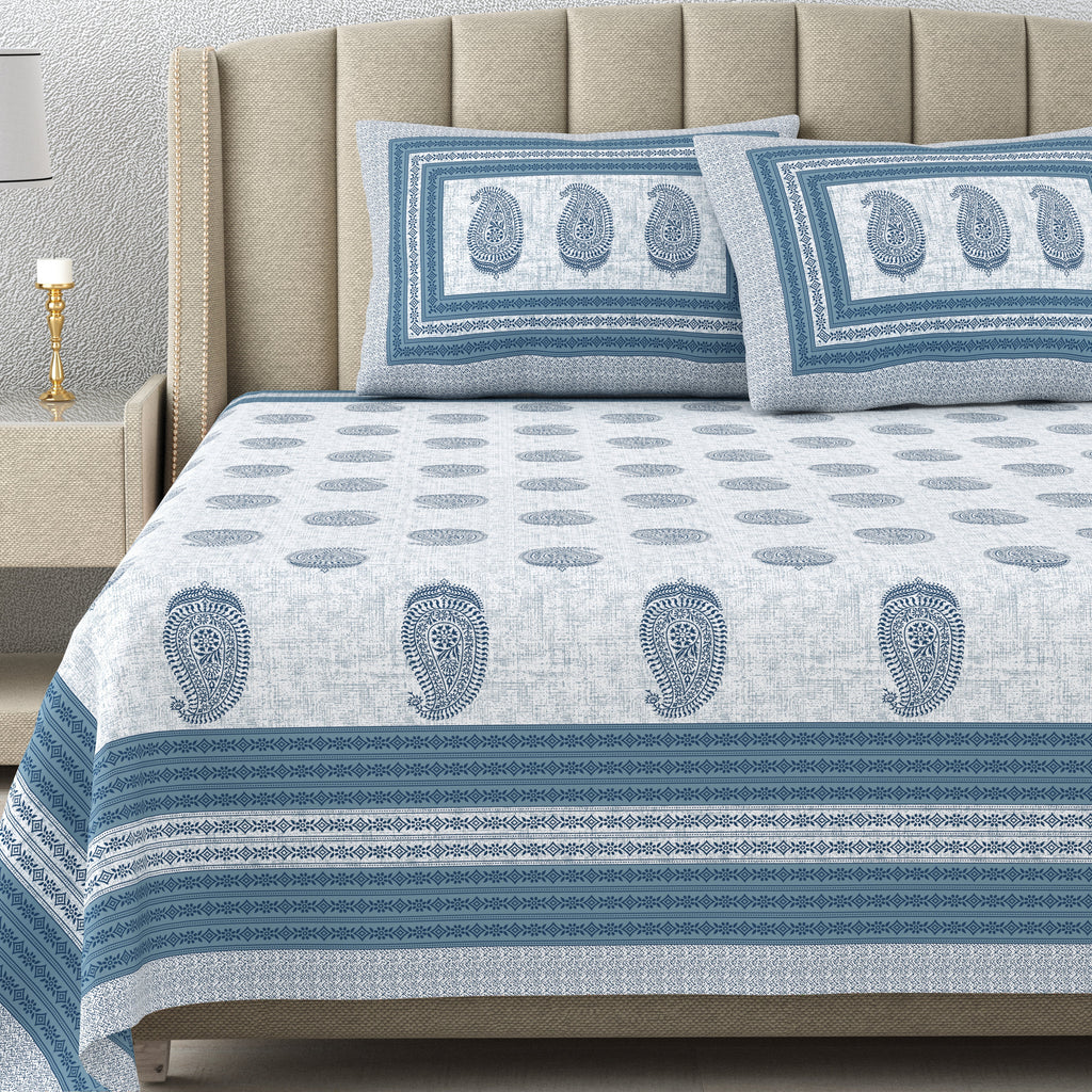 Cotton Print Bedsheet with 2 pillow covers - Blue Paisley