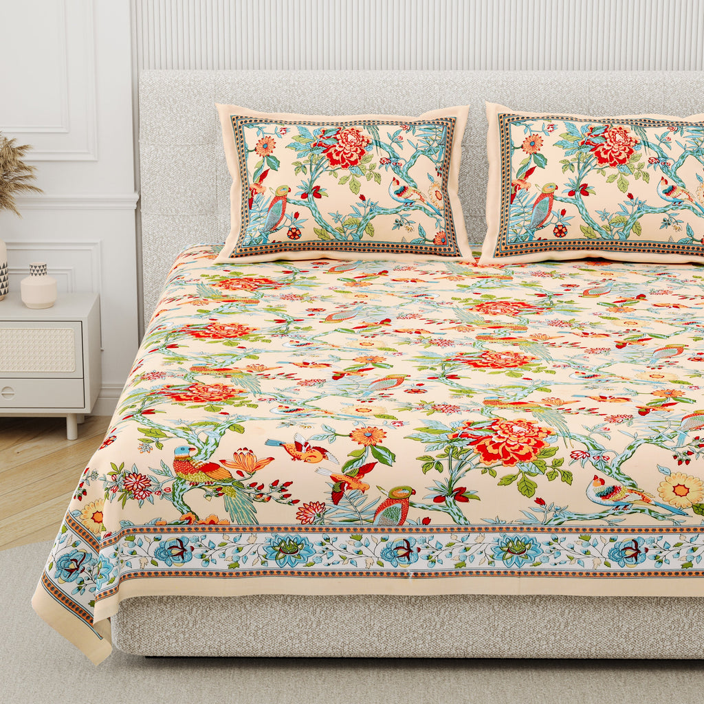 Cotton Print Bedsheet with 2 pillow covers - Bird