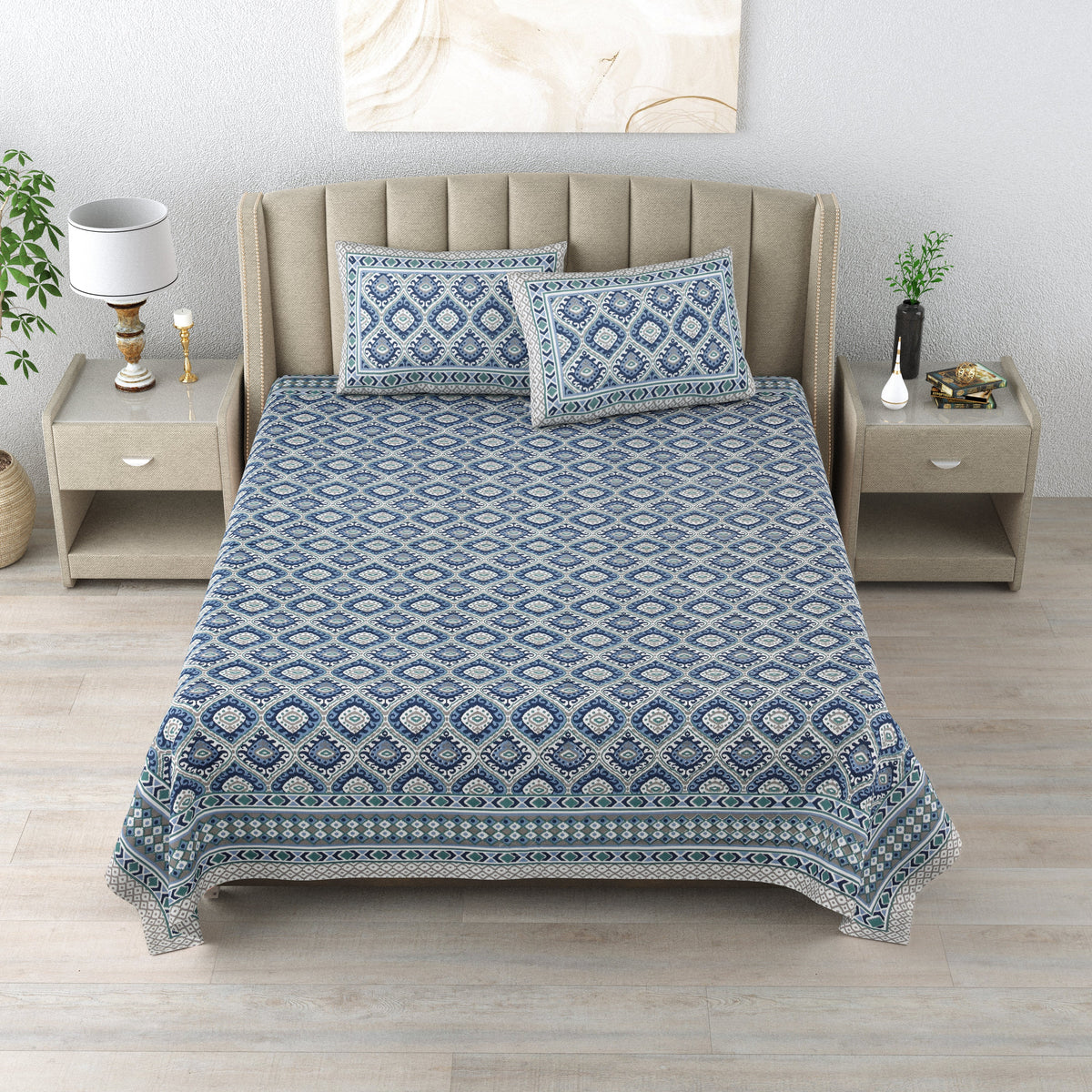 Cotton Bedsheet with 2 pillow covers - Ikat Blue
