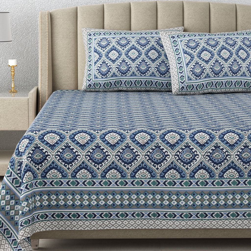 Cotton Bedsheet with 2 pillow covers - Ikat Blue