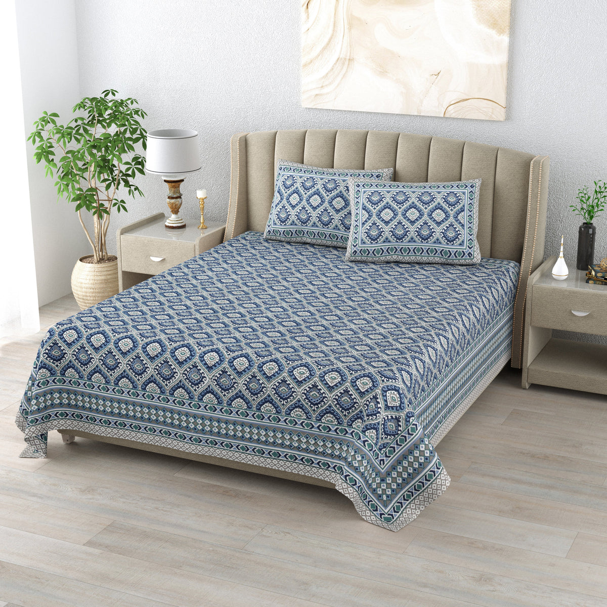 Cotton Bedsheet with 2 pillow covers - Ikat Blue