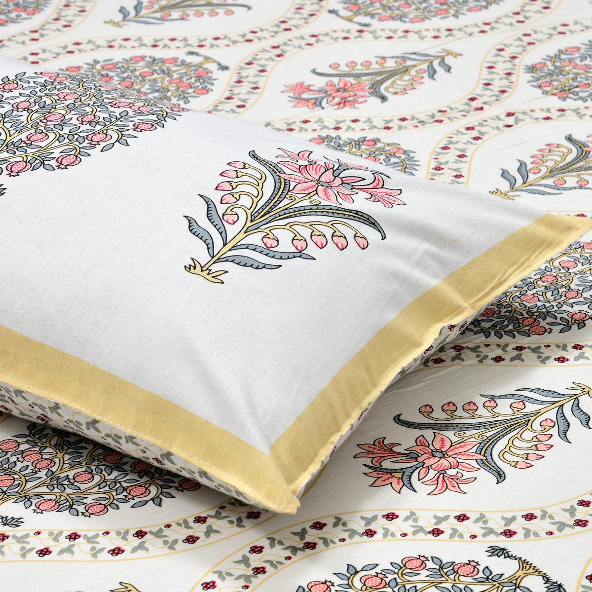 100% Cotton Block Print Bedsheet - Yellow Tree
