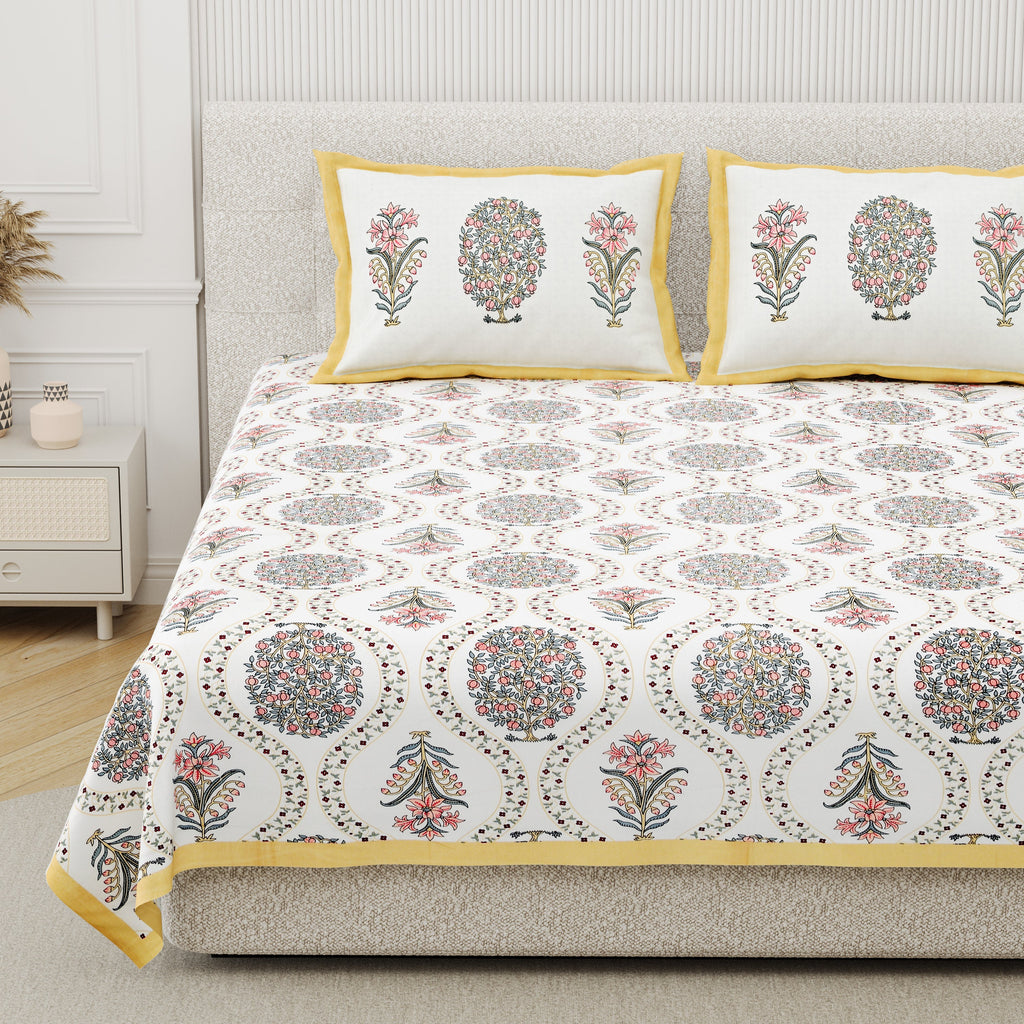 100% Cotton Block Print Bedsheet - Yellow Tree