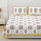 100% Cotton Block Print Bedsheet - Yellow Tree