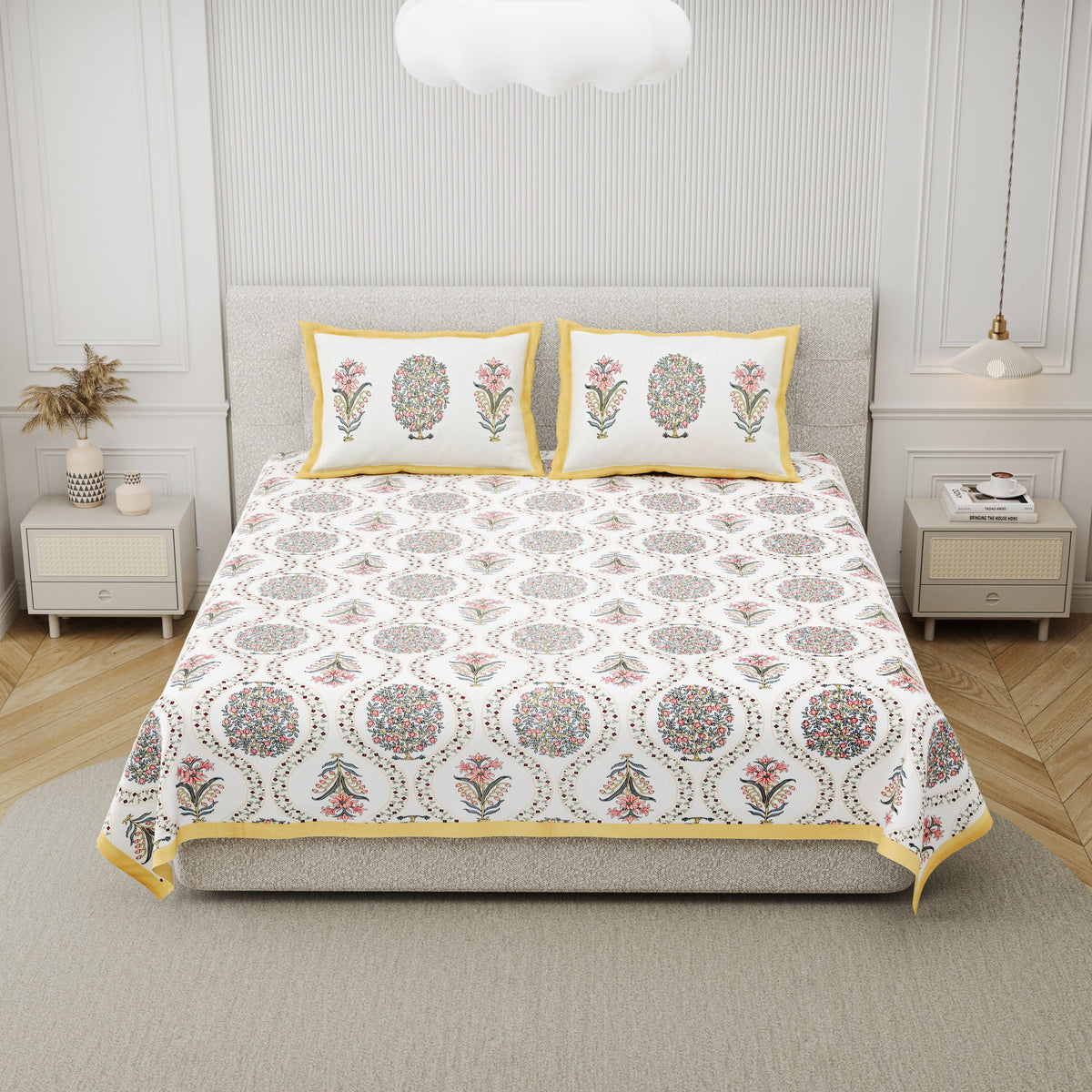 100% Cotton Block Print Bedsheet - Yellow Tree
