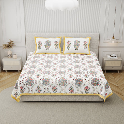 100% Cotton Block Print Bedsheet - Yellow Tree