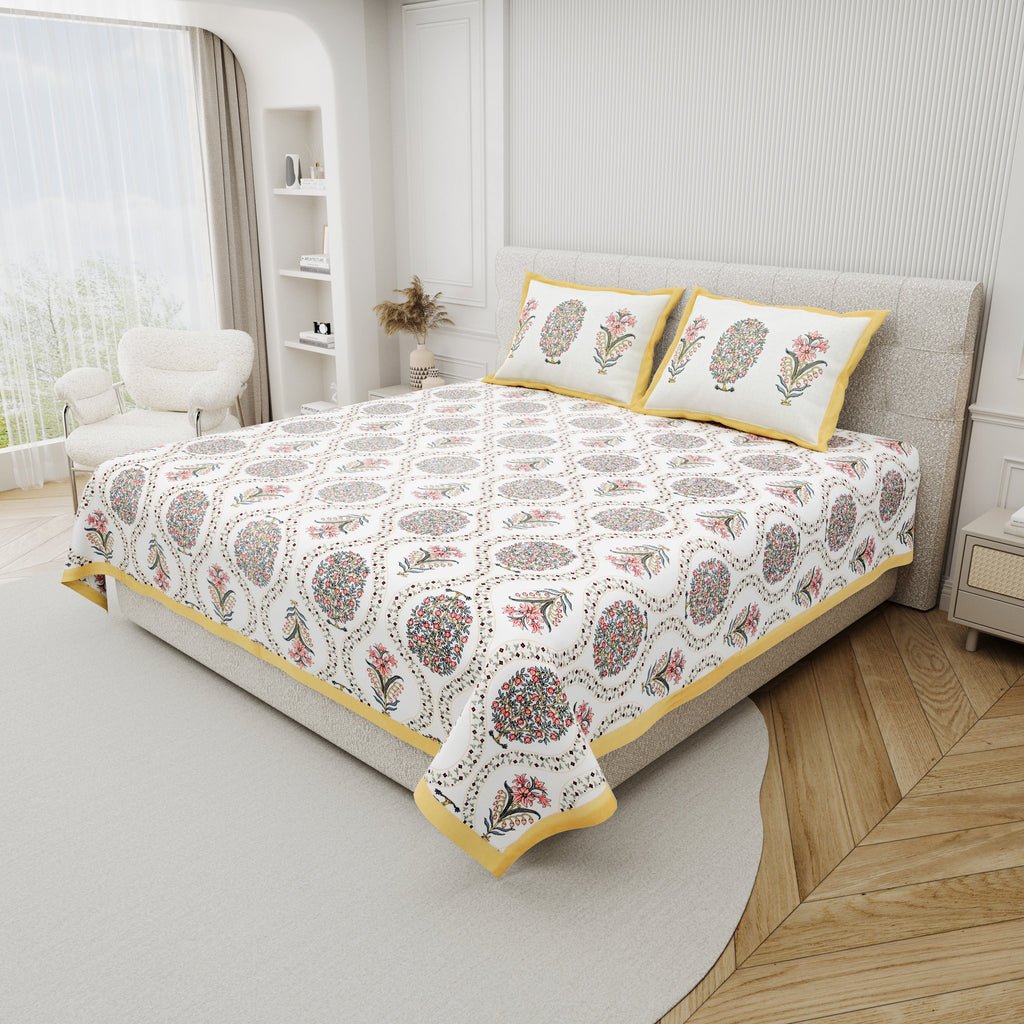 100% Cotton Block Print Bedsheet - Yellow Tree