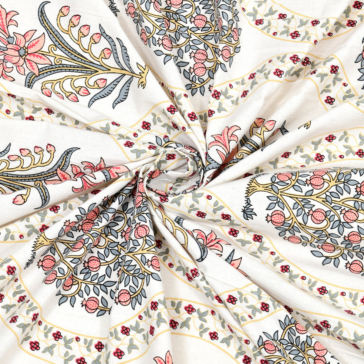 100% Cotton Block Print Bedsheet - Yellow Tree