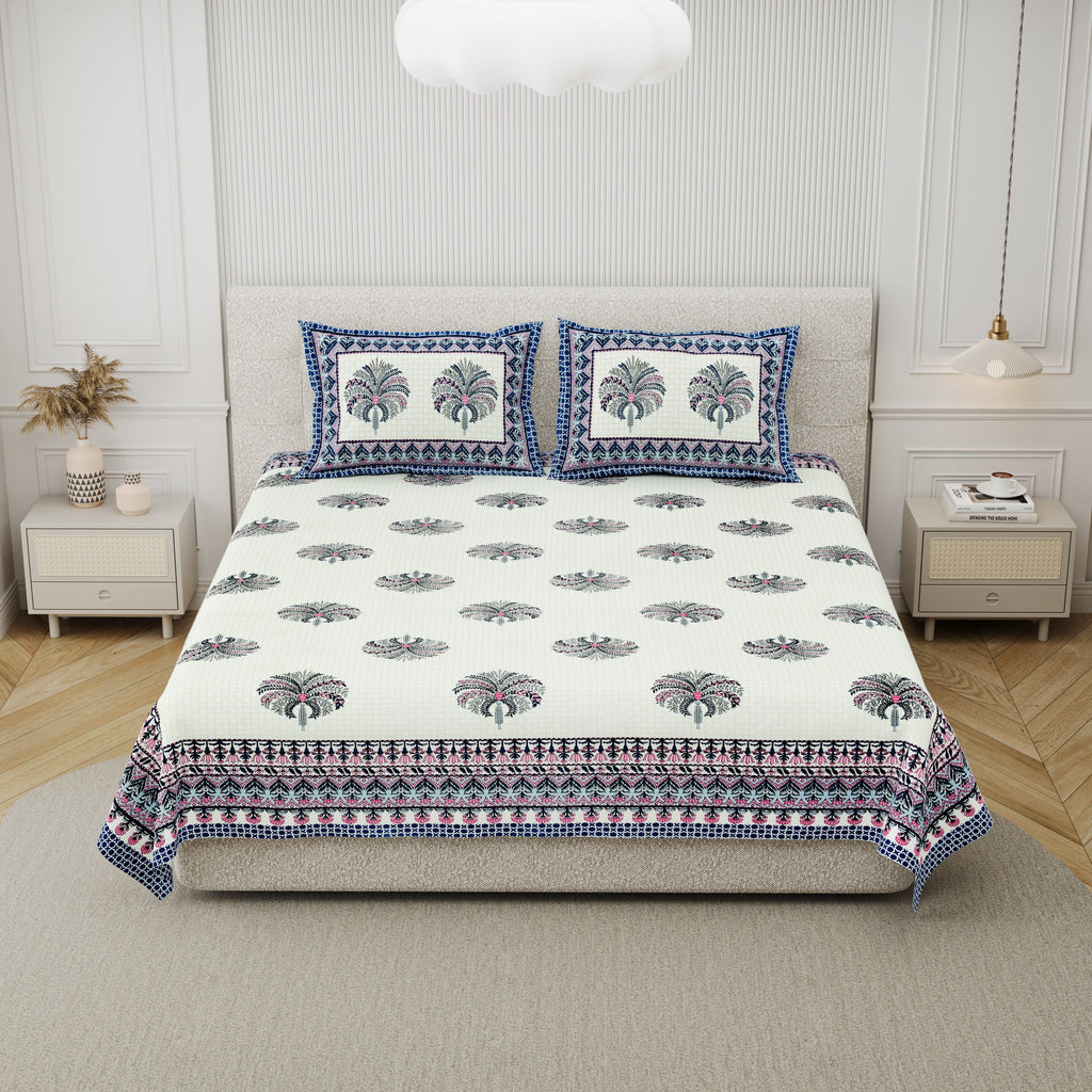 Cotton Print Bedsheet with 2 Pillow Covers - Divine Blue