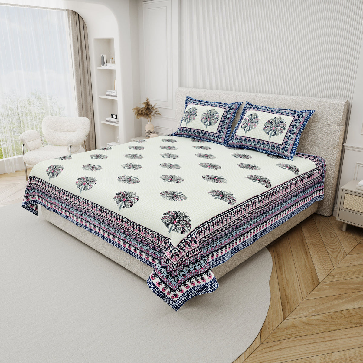 Cotton Print Bedsheet with 2 Pillow Covers - Divine Blue