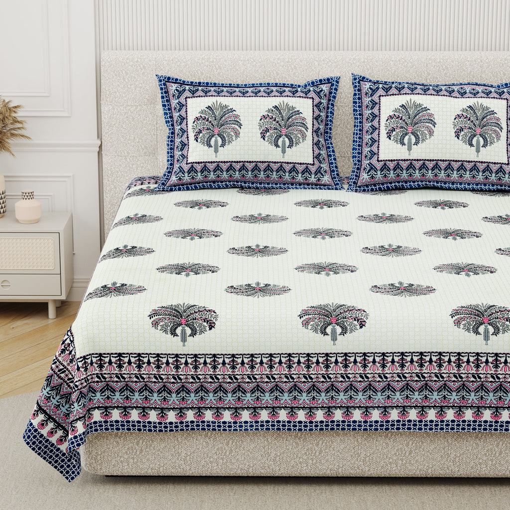 Cotton Print Bedsheet with 2 Pillow Covers - Divine Blue