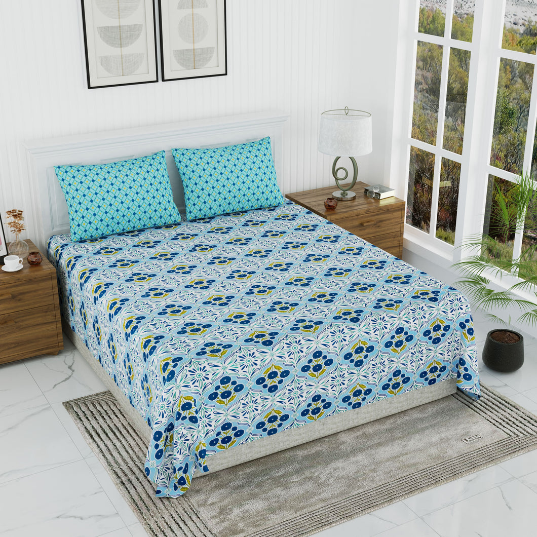 100% Premium Cotton Designer Printed Bedsheet - Oriental Blue