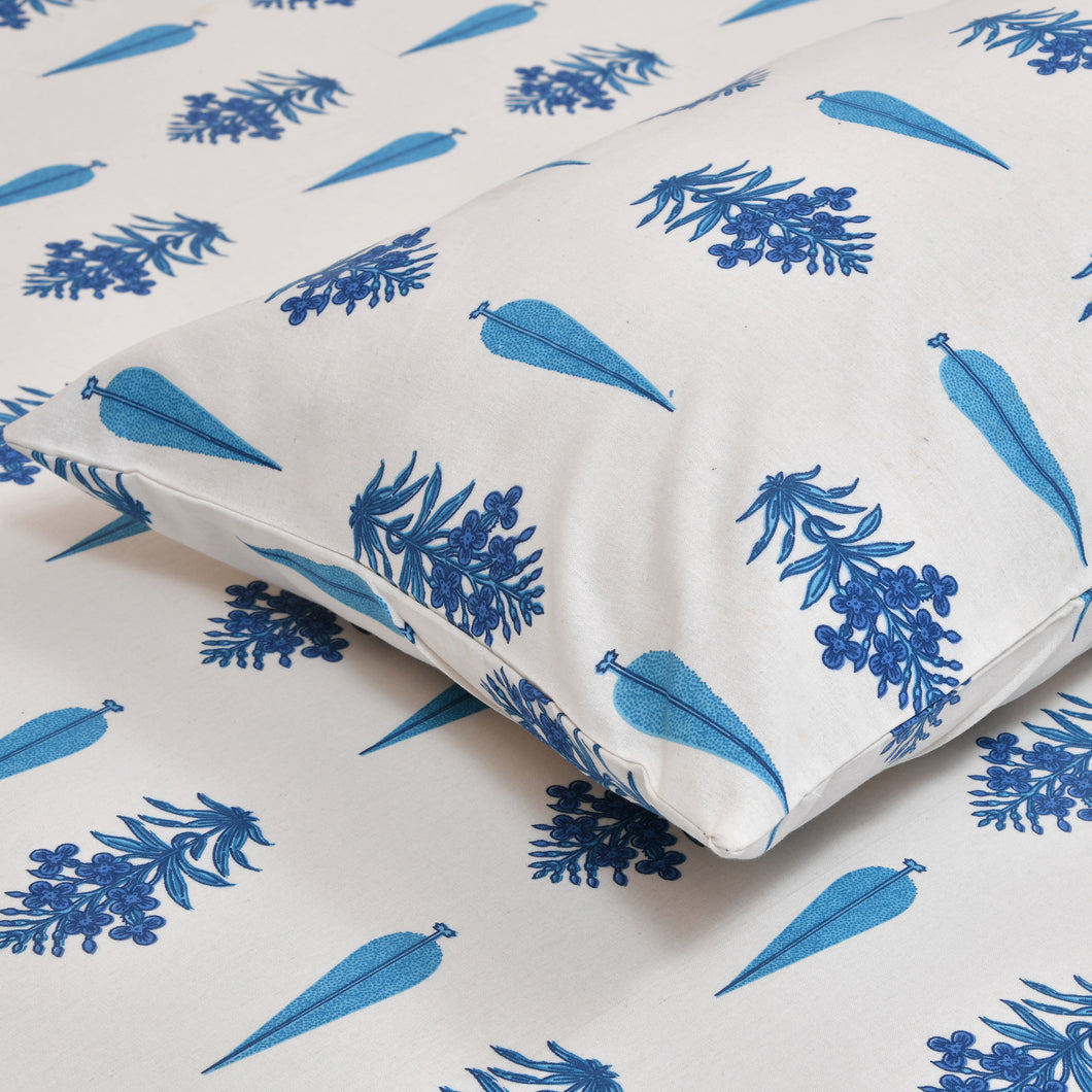 100% Cotton Block Print Bedsheet - Blooming Blue Booti